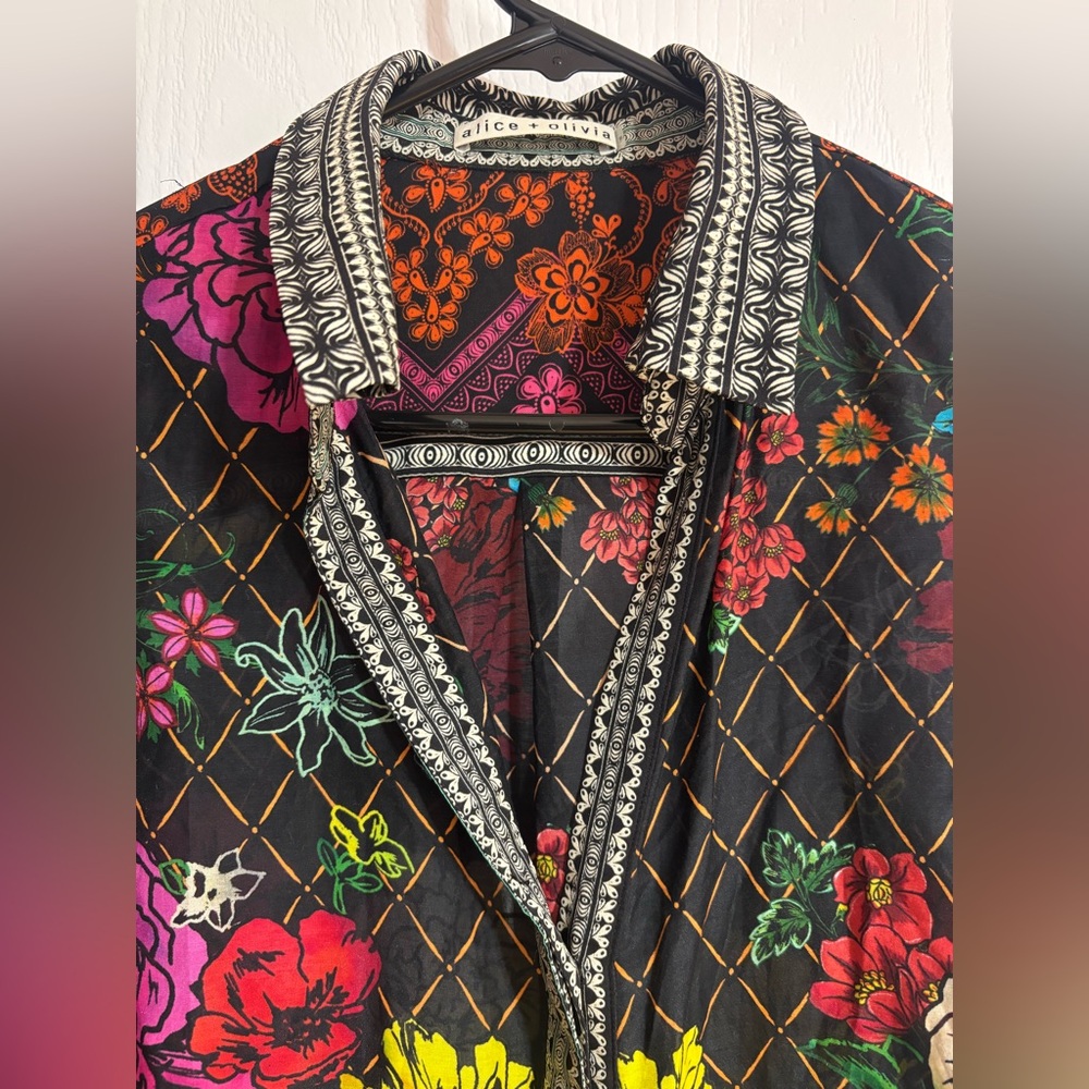 Alice+Olivia Silk Cotton Ruffle Sleeve Floral Collared Colourful Button Down Top - Picture 8 of 14